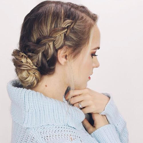 side braid low bun updo 