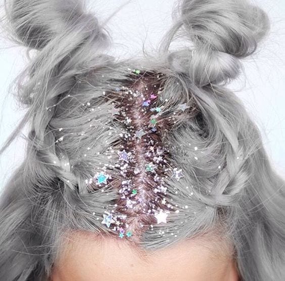 grey hair with holiday sparkles