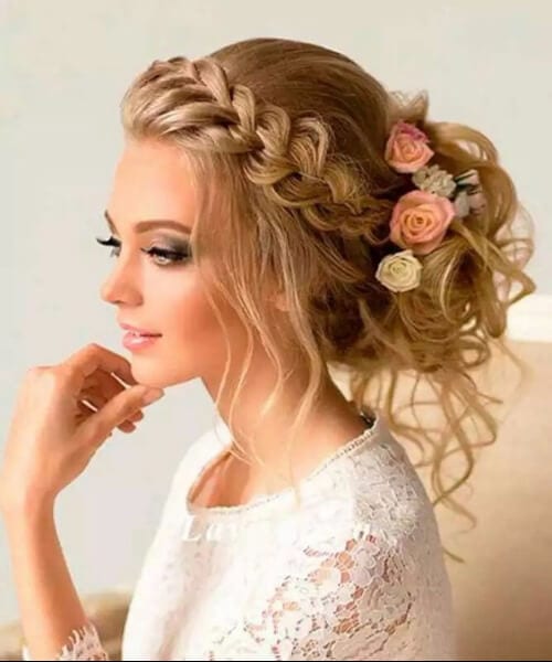 front french braid messy bun flowers