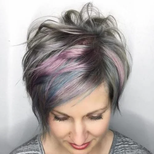 Gray Long Pixie cut With Pink Highlights