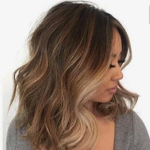 Brown Hair with Blonde Highlights Short Medium Wavy Haircut