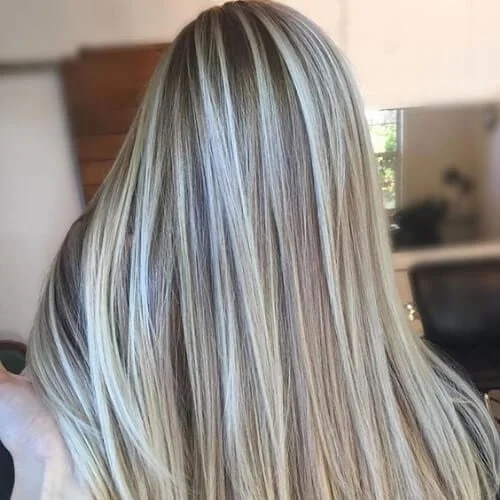 Light brown hair with blonde highlights and lowlights creating a multi-dimensional effect