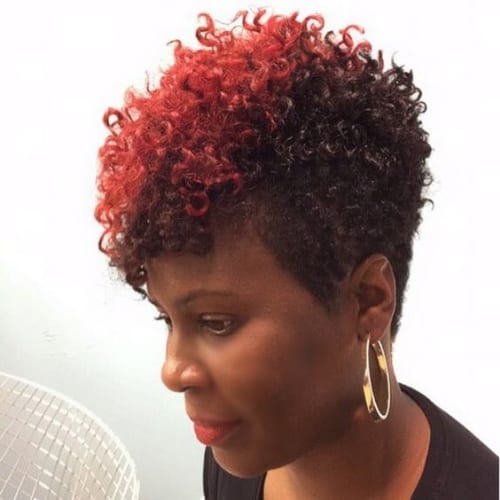 red stripe curly pixie cut