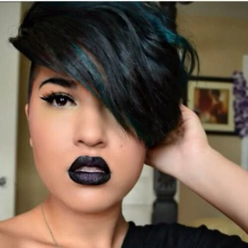 Pixie cut teal green lowlights short hair with highlights