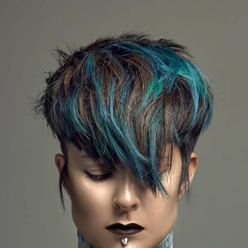 blue green short hair with highlights