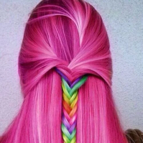 rainbow on pink braid hairstyles for long hair