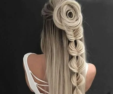 Rose braid with fishtail technique - romantic floral-inspired long hair styling