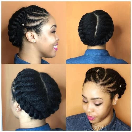 Four angle image of a woman in an updo hair