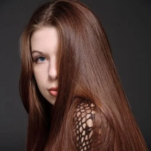 Sleek straight hair in glossy chestnut color - best for showing solid color dimension
