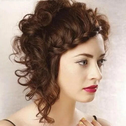 curly asymmetrical bob braided bang hairstyles