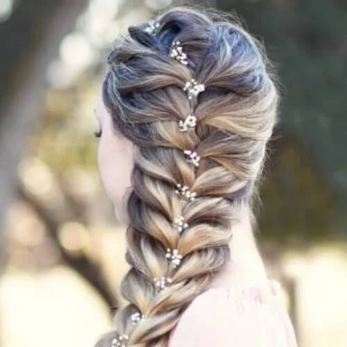 decorated fishtail side hairstyles for prom