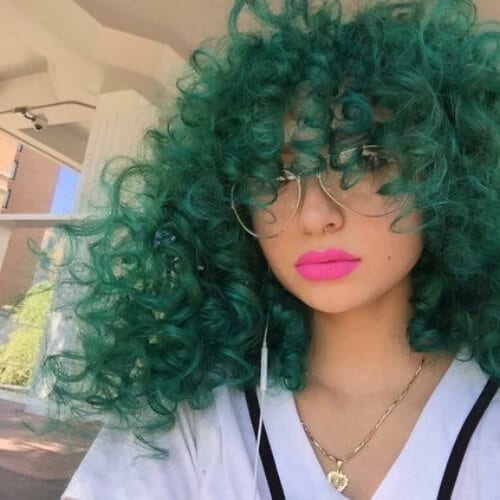 forest green curly hair with bangs