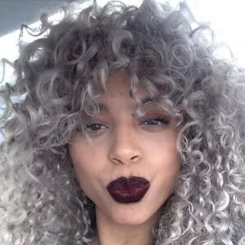 gray curly hair with bangs