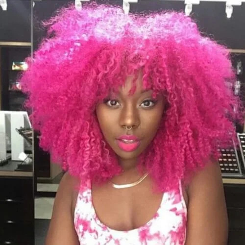 neon curly hair with bangs