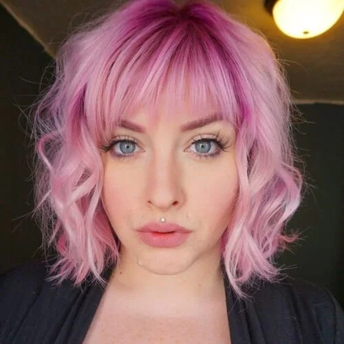 orchid curly hair with bangs