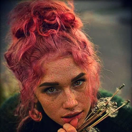 pink curly hair with bangs