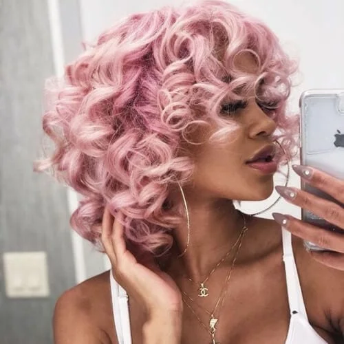 pink curly hair with bangs