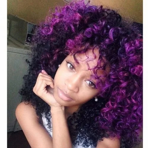 purple curly hair with bangs