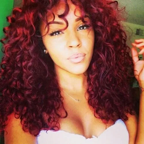 wine curly hair with bangs