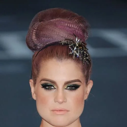Kelly Osbourne crimped hairstyles with purple color and elegant updo - celebrity style inspiration