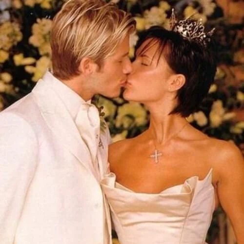 Victoria Beckham wedding hairstyles for short hair with golden crown - elegant bridal styling