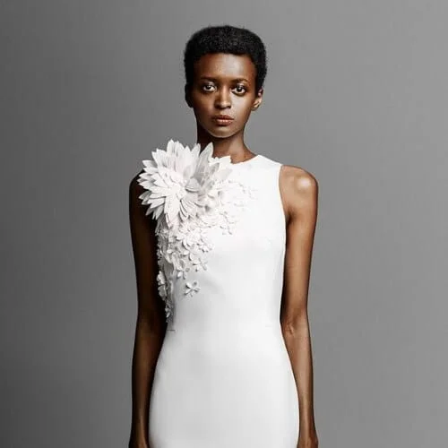 viktor and rolf spring 2019 bridal strapless sweetheart neckline heavily embellised bodice simple minmalist sheath wedding hairstyles for short hair