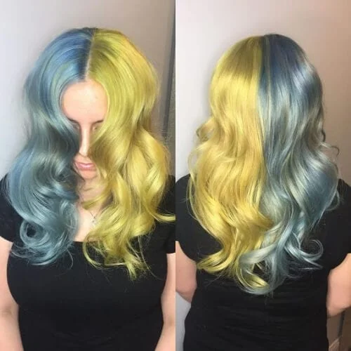 Blue gray and corn yellow two tone hair color with rustic field-inspired contrast - unique split dye combination