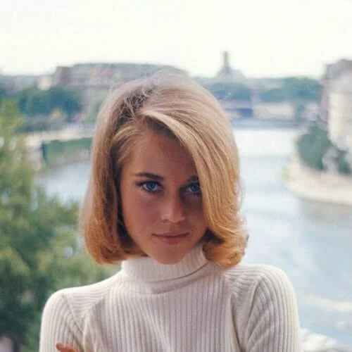 Jane Fonda classic honey blonde bob - signature jaw-length haircut that flatters oval faces