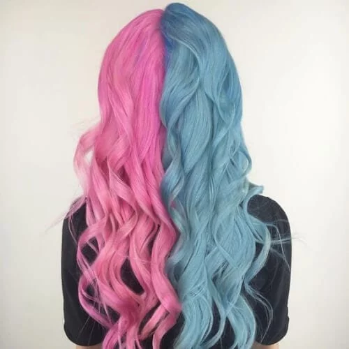 Cotton candy pink and gray blue two tone hair with pastel color combination - dreamy split dye style