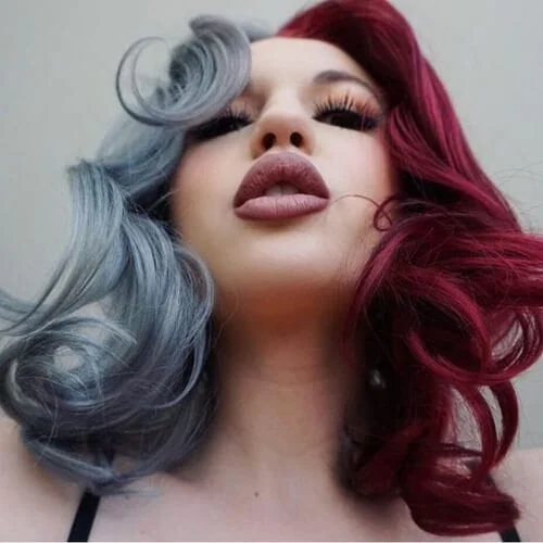 Gray and cherry red two tone hair color with creative color blocking - unique split dye hairstyle