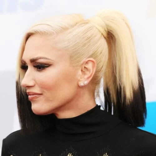 Gwen Stefani two tone hairstyles with platinum blonde and brunette split - celebrity hair inspiration