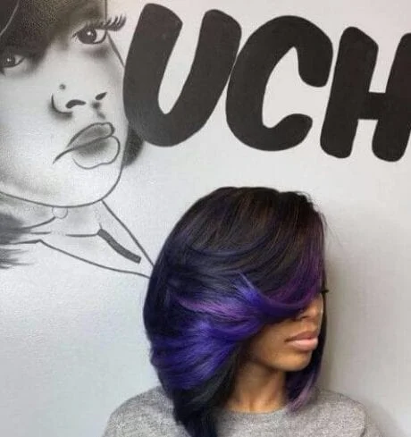 purple blue a line bob haircut