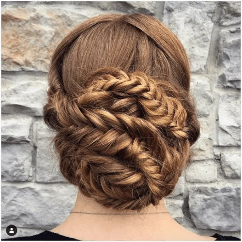fishtail braids crown updo