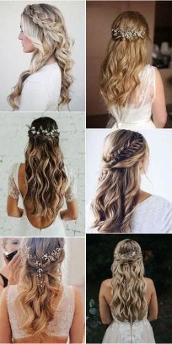 Elegant half up half down wedding hairstyles with romantic waves and braided details