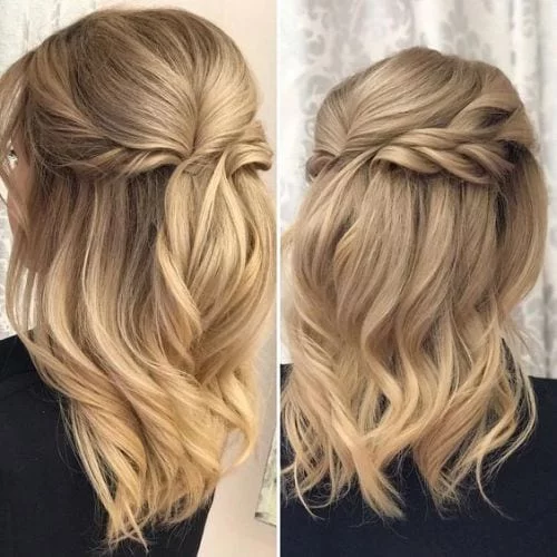 Simple half up half down hairstyle for wavy hair with face-framing pieces
