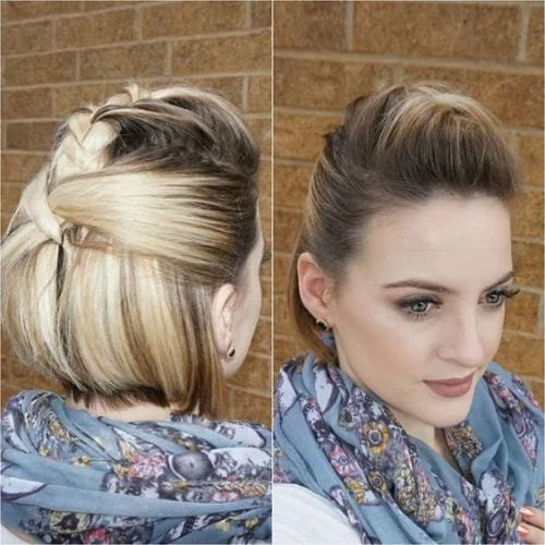 Short half up half down hairstyle with messy bun - perfect for shoulder length hair