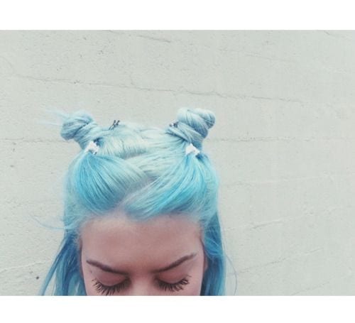 Sky Blue Hair in Small Twisted Double Buns