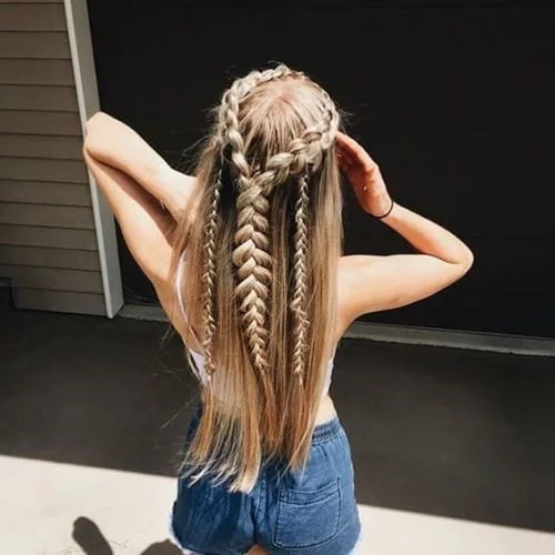 long hair with crown fishtail braid and twin braid