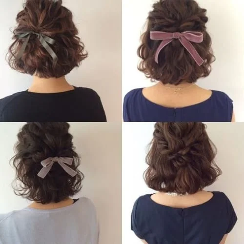 Braided half-up Thanksgiving hairstyle for short hair with bow accent