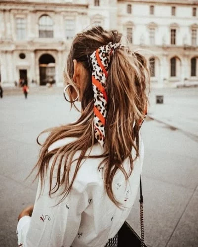 Easy half ponytail Thanksgiving hairstyle with seasonal hairscarf - quick elegant look