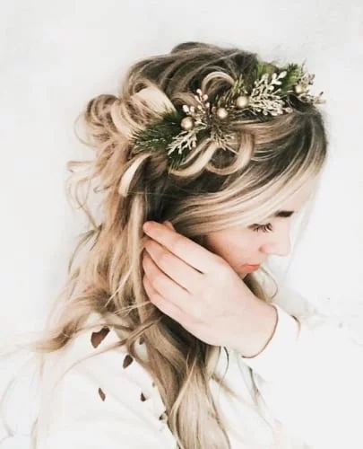 Crown braid Thanksgiving hairstyle with decorative hair crown accessory - festive holiday look