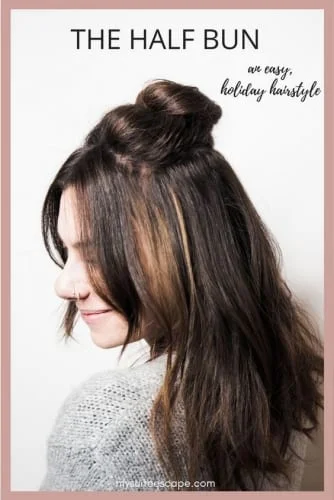 Trendy half bun Thanksgiving hairstyle with face-framing bangs - versatile holiday updo