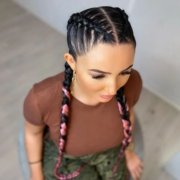 Braided Weave Ponytail with Pink Ends - a woman wearing chocolate brown shirt.