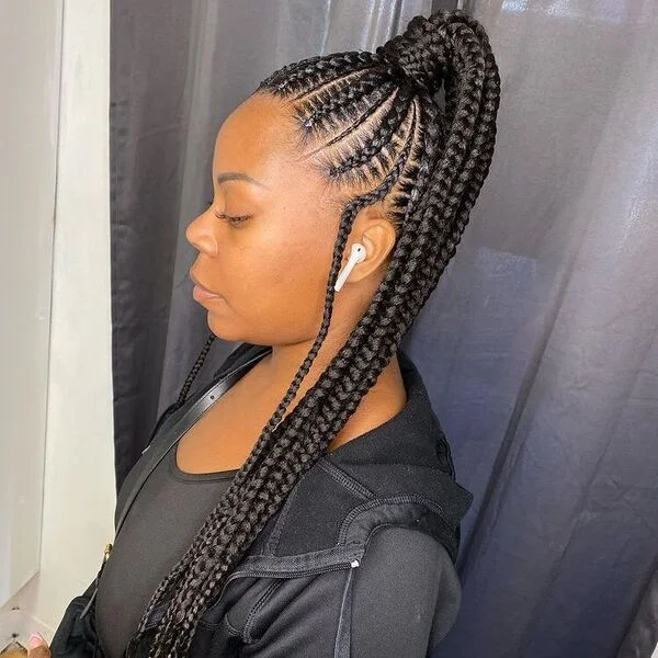 High Bun Stitch Ponytail Braid Hairstyles with Weave - a woman wearing black shirt and hooded jacket.