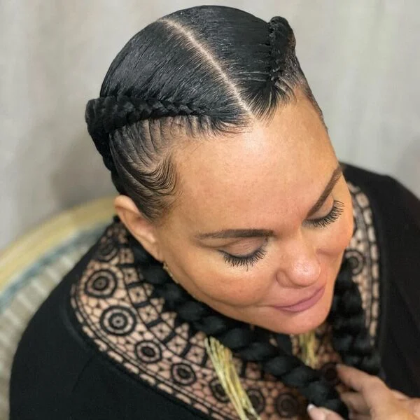Pure Black Two Feed-in Braid Hairstyles with Weave - a woman wearing black printed shirt.