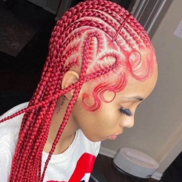 Red Kinky Curly Hair with Heart Braids Hair - A woman wearing a white top