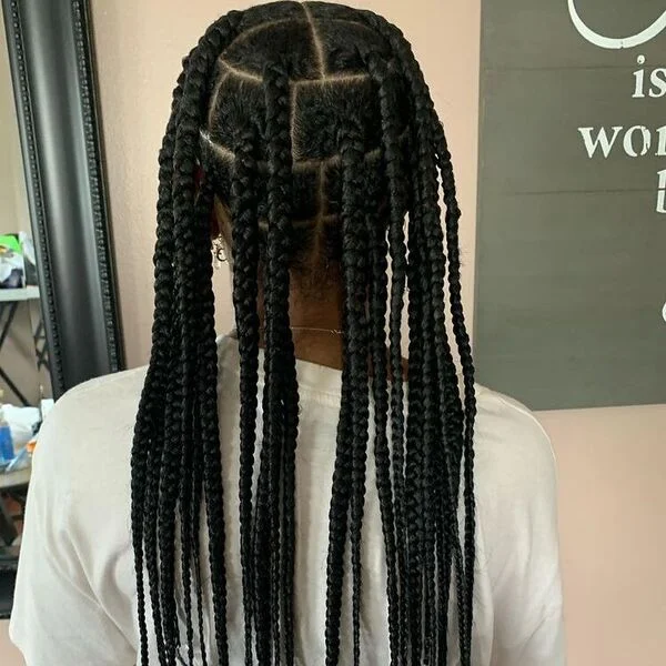 Regular Knotless Box Braids with Clear Beads - a woman wearing white shirt.