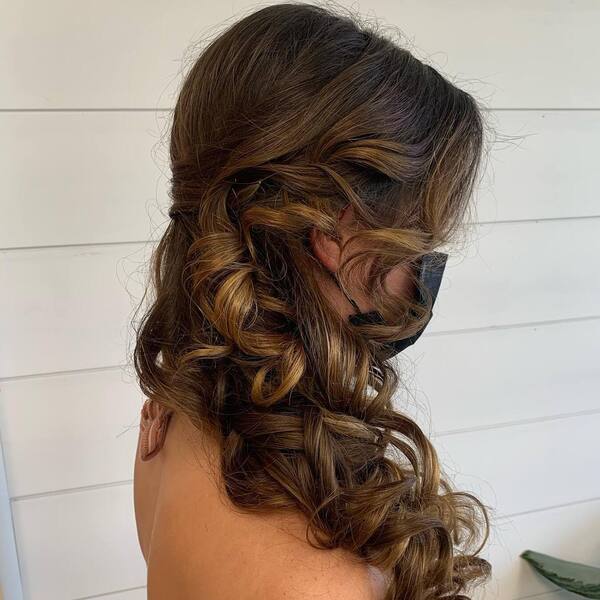 Tousled Waves in Caramel Tones - a woman wearing backless top with mask