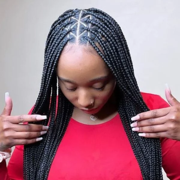 Triangle Center Knotless Braided Hair - A woman wearing a red top