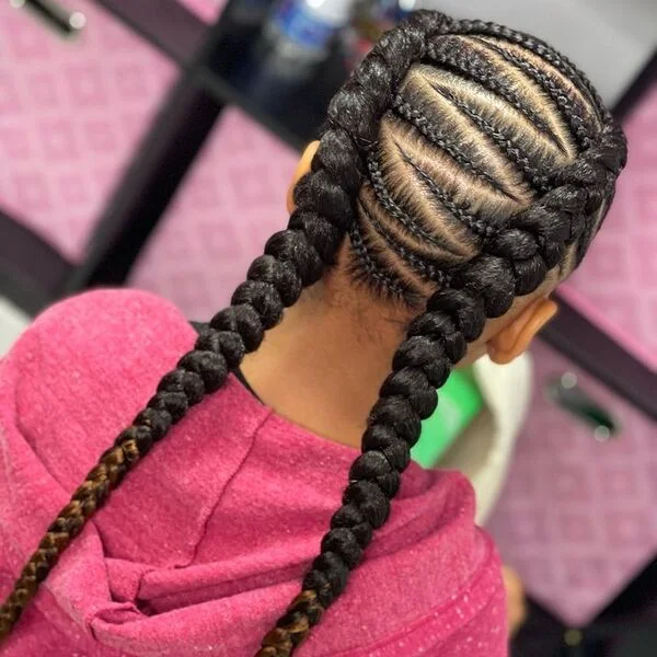 2-strand Jumbo Fishbone Braid Hairstyles in Zigzag - a woman wearing pink hooded jacket.